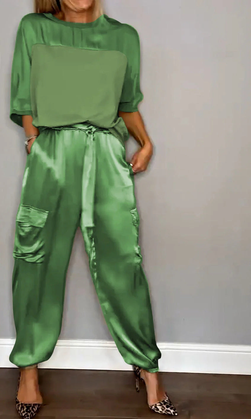 Fashionable Mercerized Satin Short Sleeve Top and Pants Set