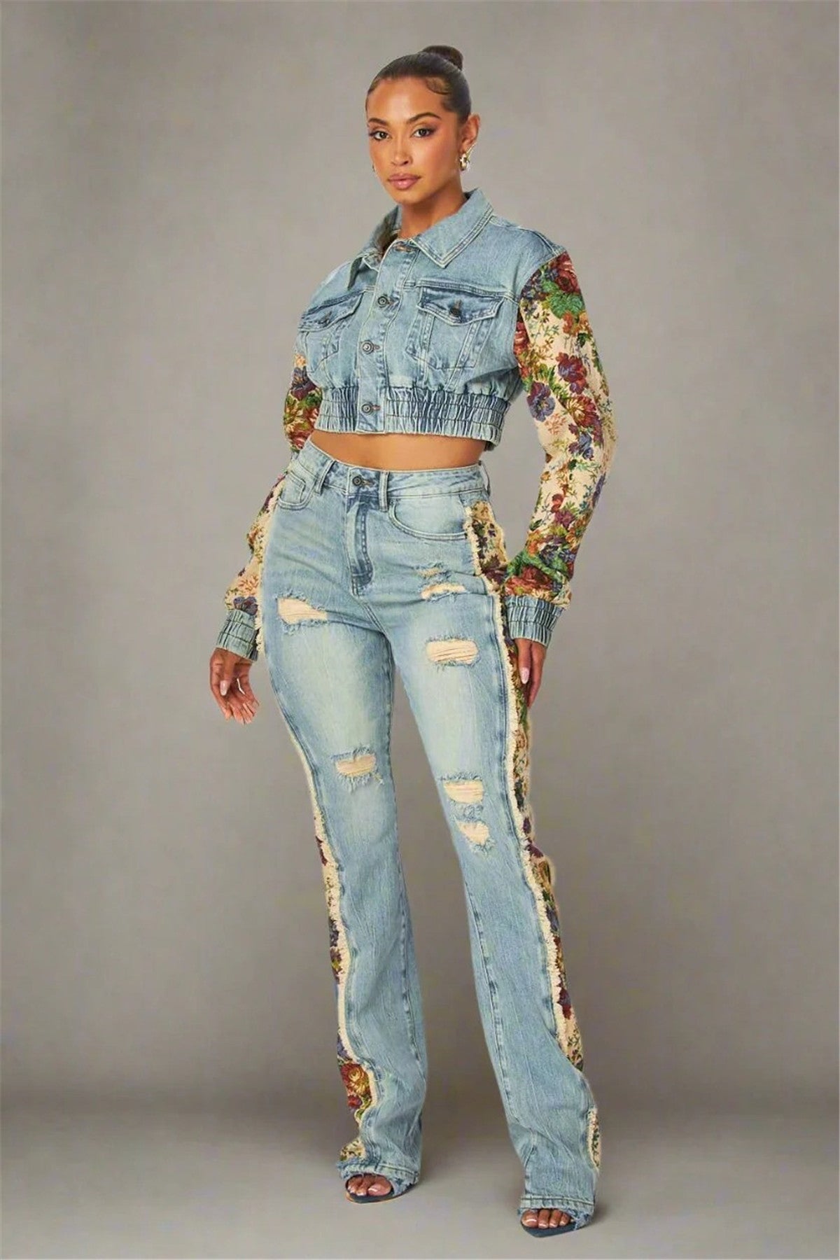 Fashion Printed Colorblock Denim Jacket Jeans Set