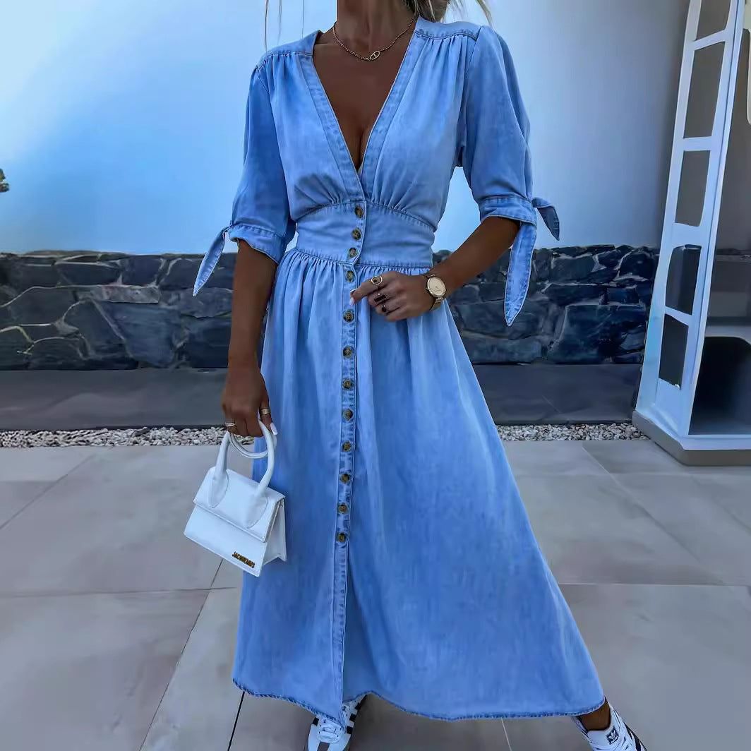 Fashionable and Sexy V-neck Long Multi-button Denim Dress