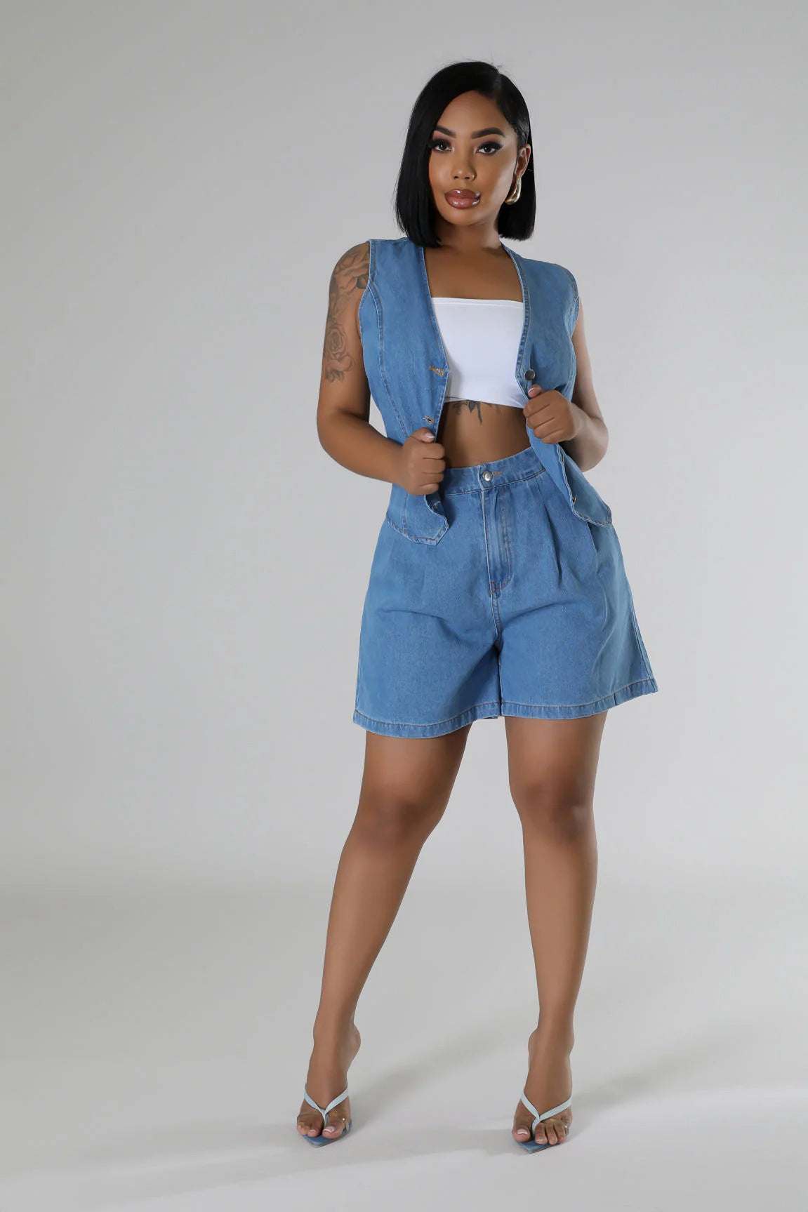 Fashion Casual Sleeveless High Waist Denim Shorts Set