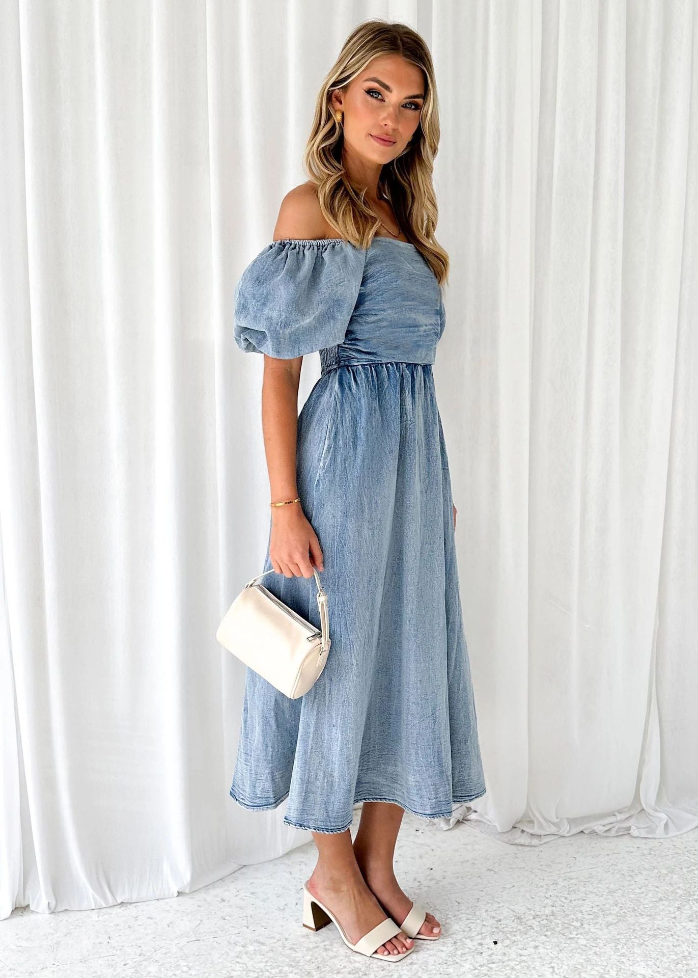 Elegant Puff Sleeve Waisted Long Denim Dress with Elastic Waist