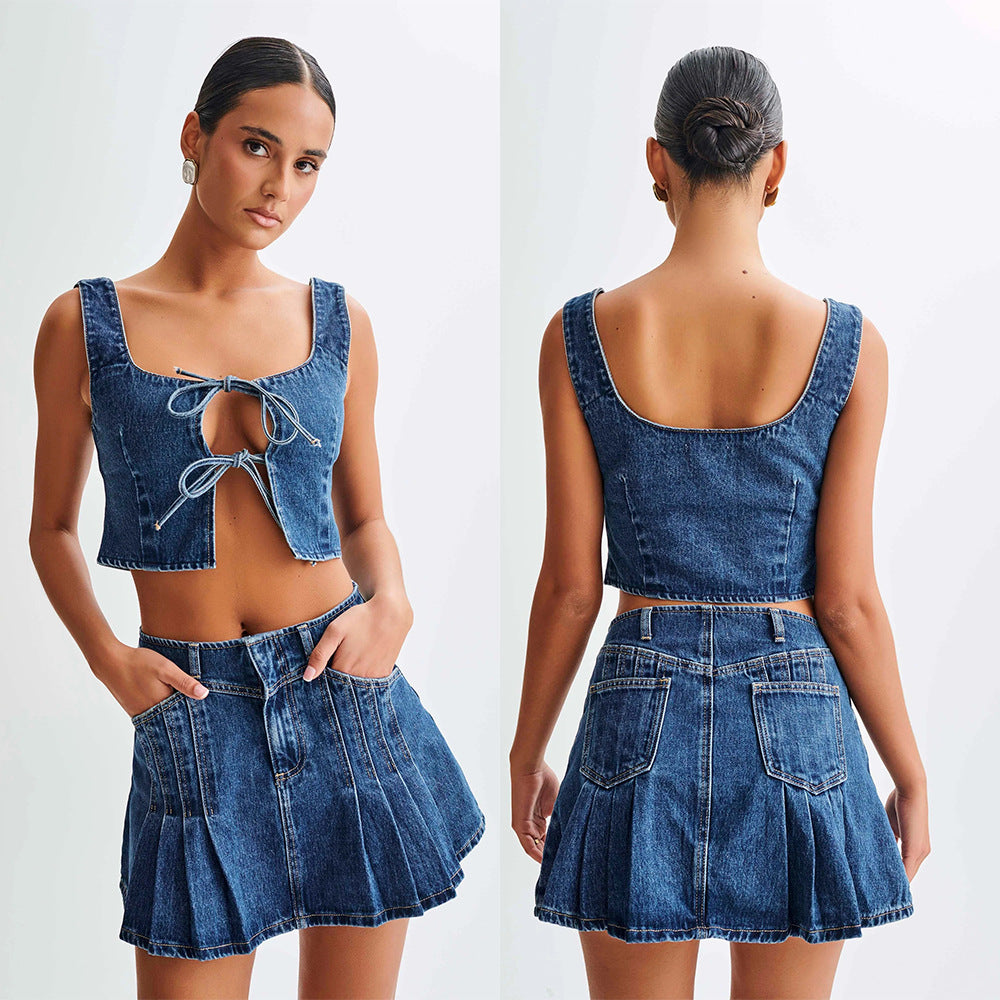 Fashion Personality Sleeveless Drawstring Top Denim Skirt Suit