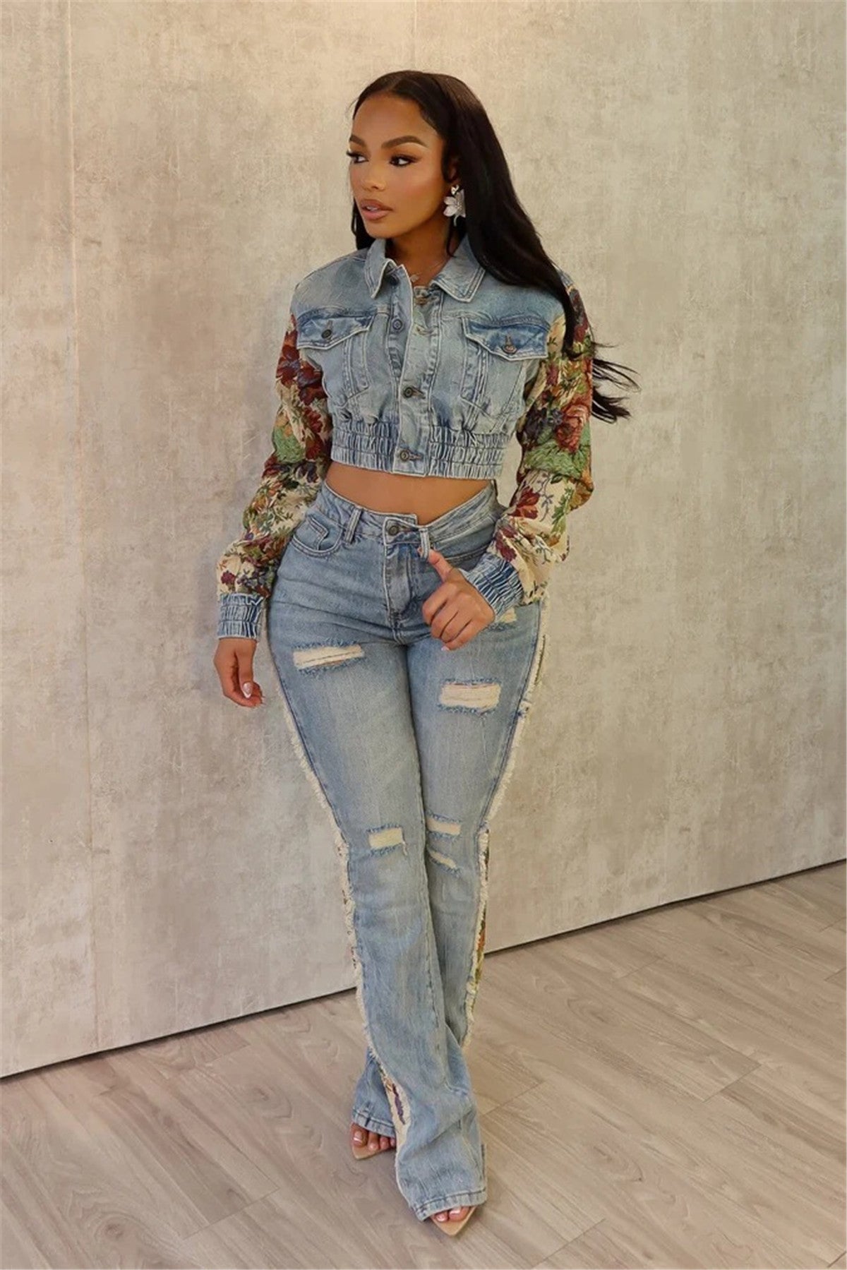 Fashion Printed Colorblock Denim Jacket Jeans Set