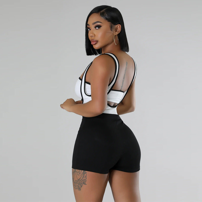 Sexy Colorblock Sleeveless Suspender Stretch Shorts Two-piece Set