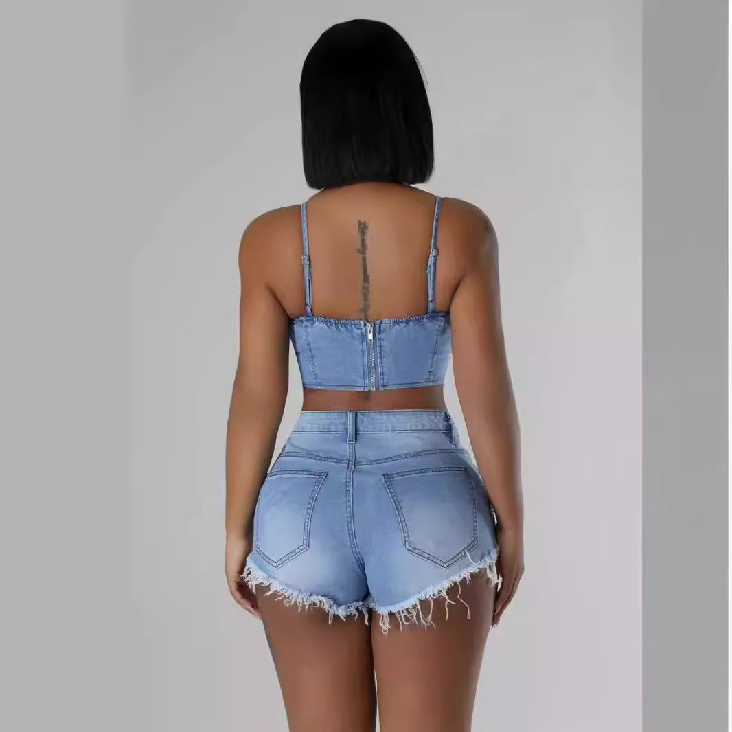 Pearl and Diamond Chain Denim Camisole Shorts Set