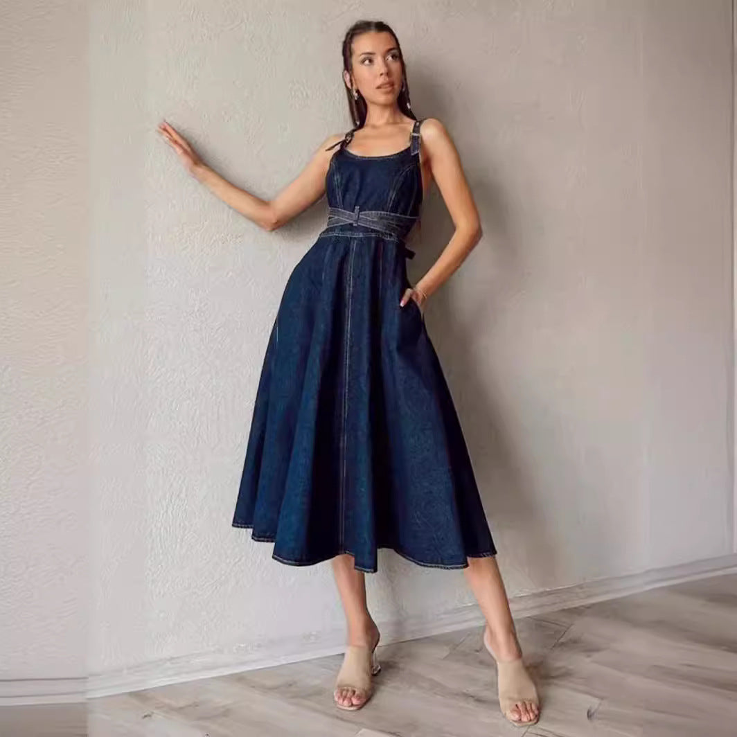 Elegant Solid Color Waist-length Denim Suspender Dress