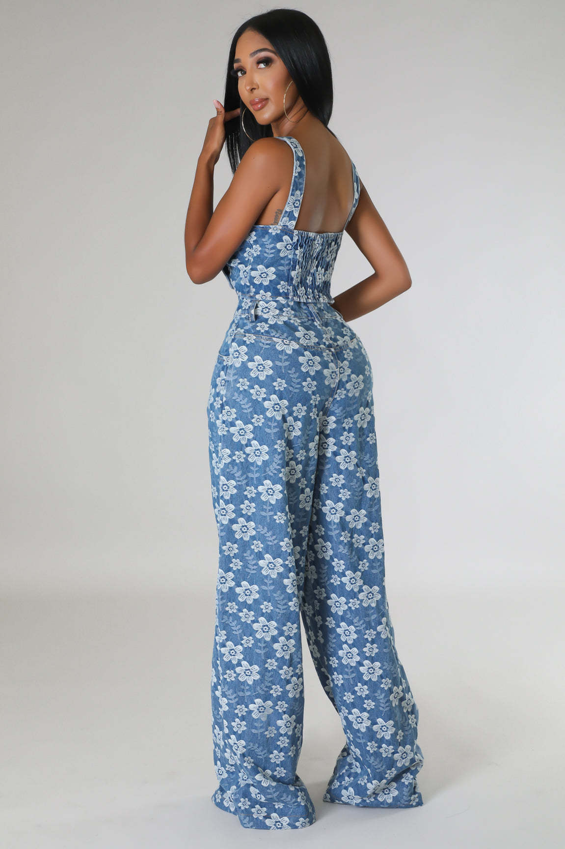 Fashion Denim Jacquard Wrapped Top Wide-leg Pants Suit