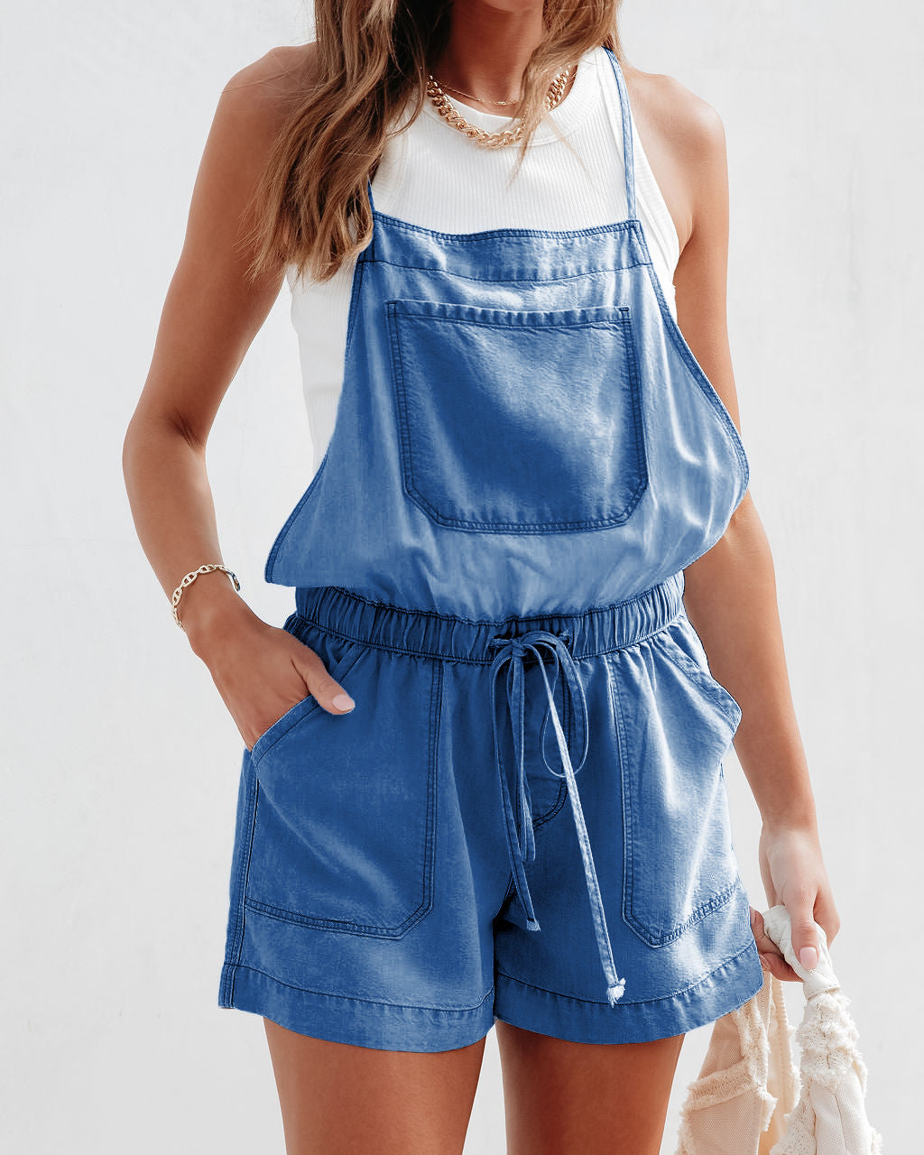 Sexy Fashion Washed Elastic Waist Denim Overall Shorts