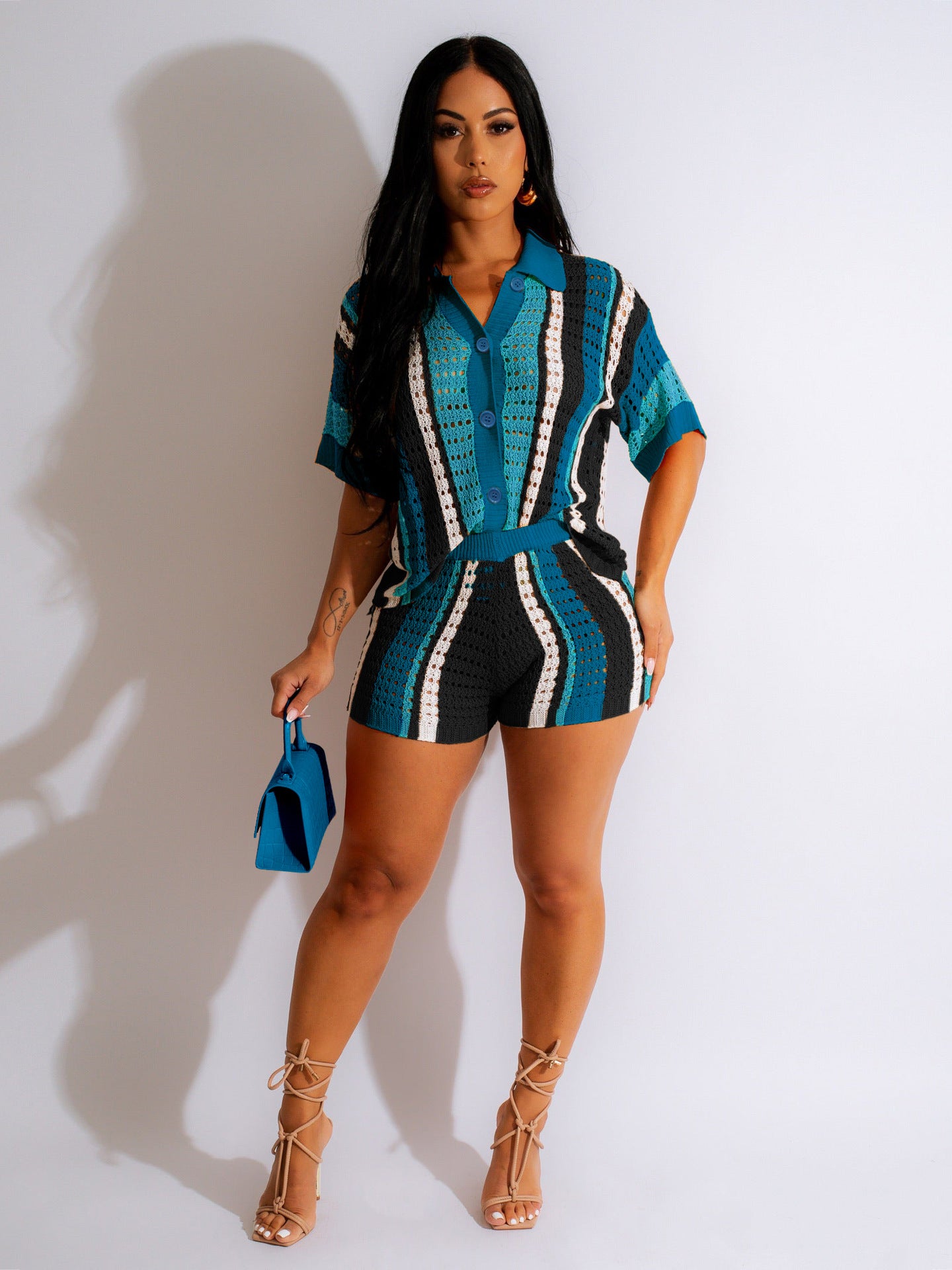 Hollow Transparent Contrast Lapel Knitted Shorts Set