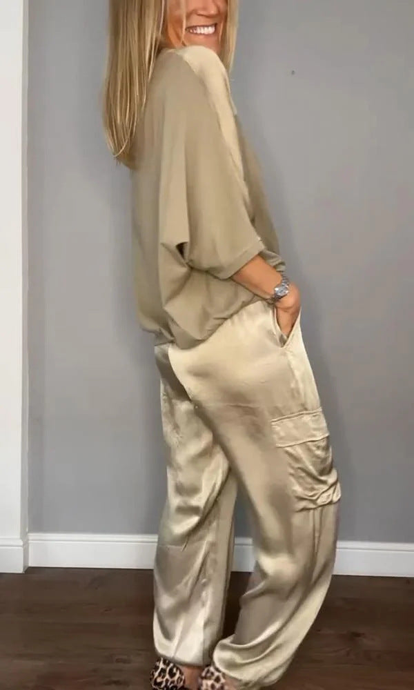 Fashionable Mercerized Satin Short Sleeve Top and Pants Set