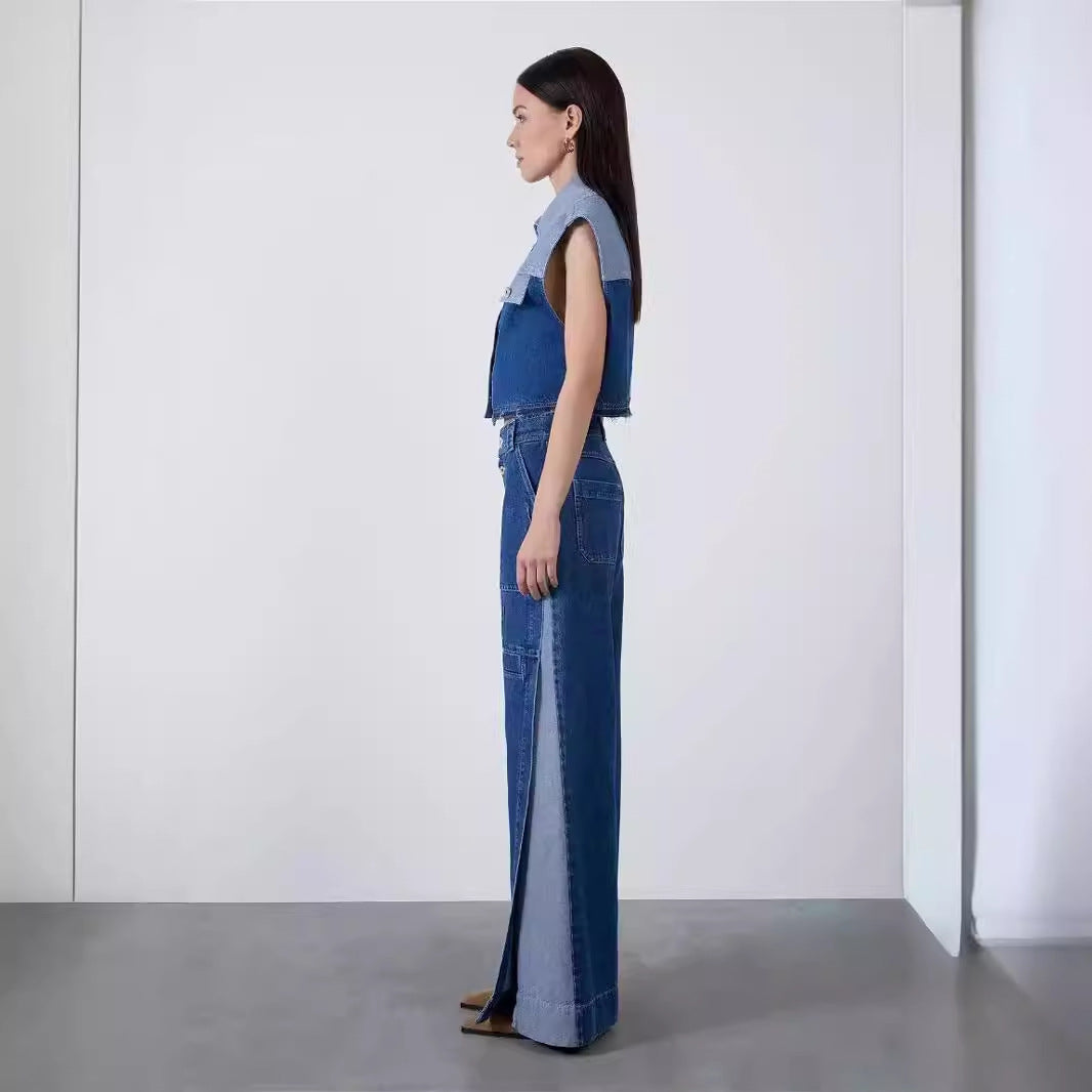 Retro Loose Short Lapel Single-breasted Denim Vest + Jeans