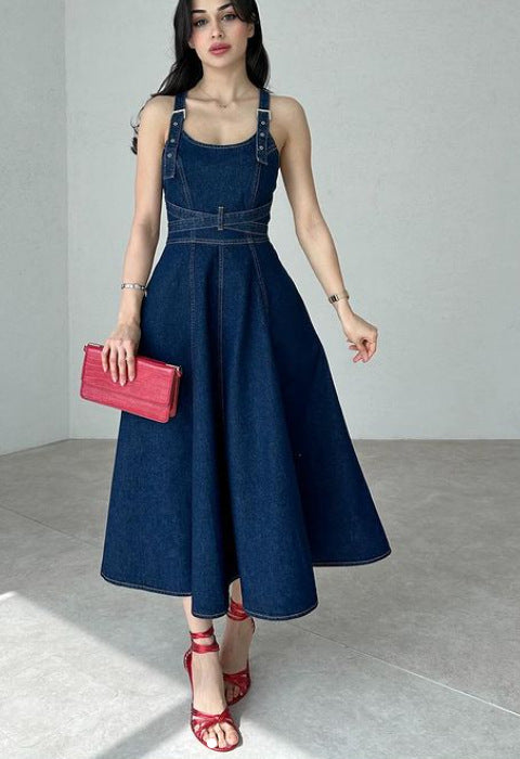Elegant Solid Color Waist-length Denim Suspender Dress