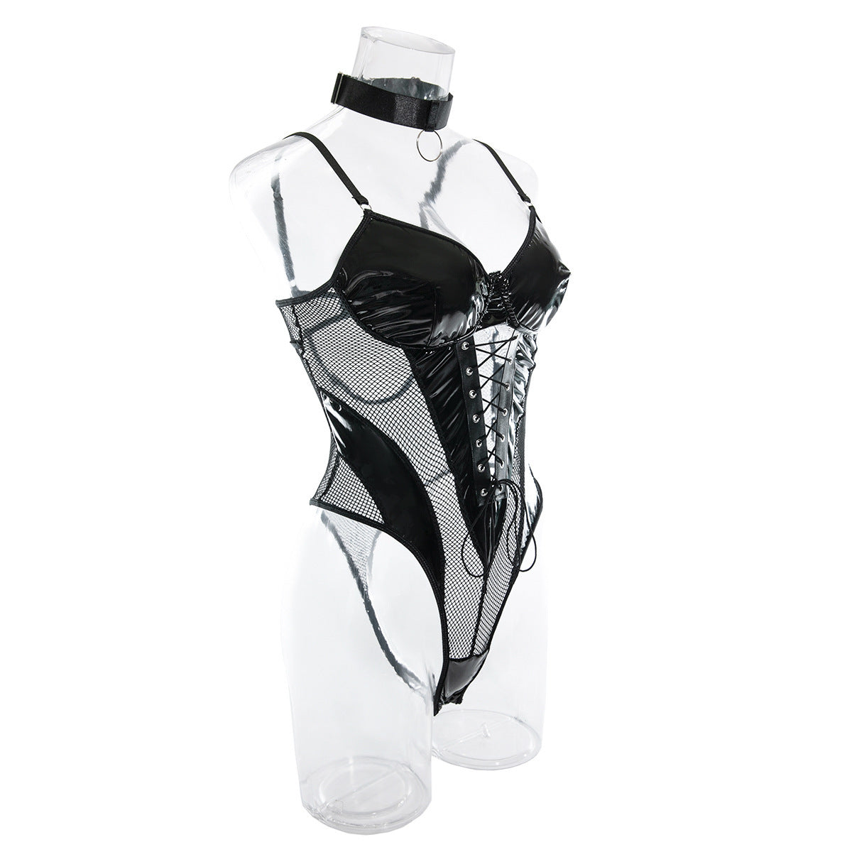 Nightclub Hottie Mesh Splicing Leather Tight Hollow Back Jumpsuit