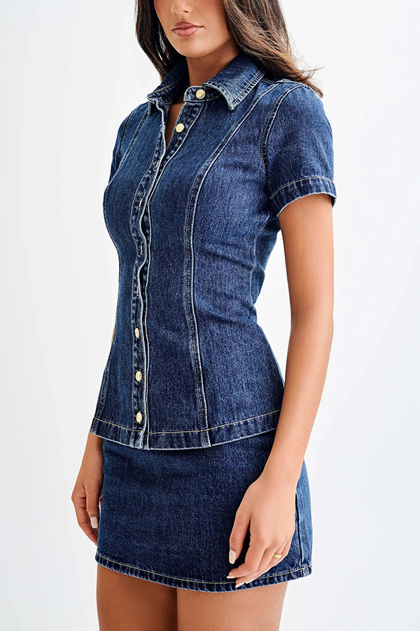 Modern Style Denim Short Sleeve Button High Waist Skirt Suit