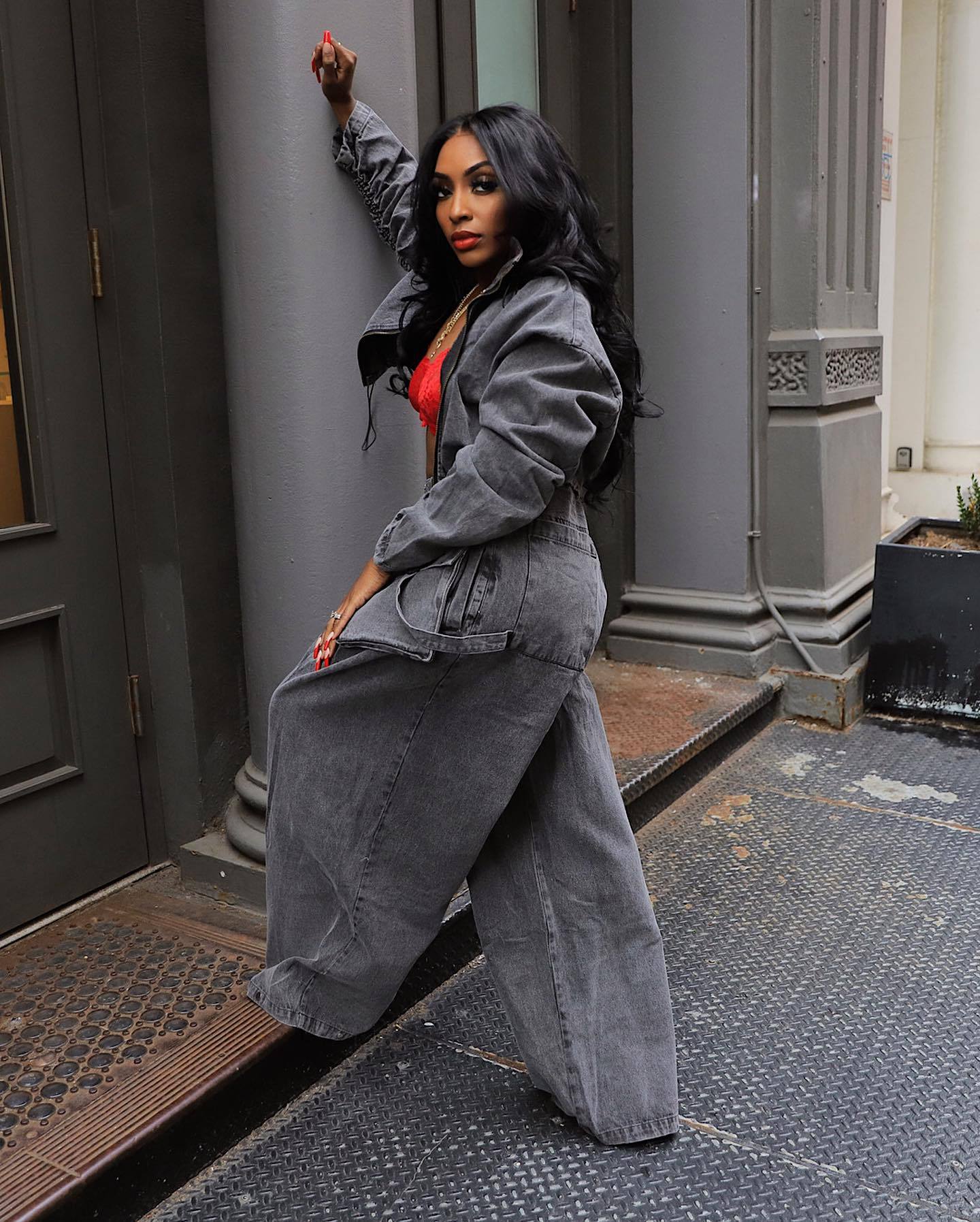 Fashion Retro Wide Leg Loose Heavy Denim Two-piece Suit