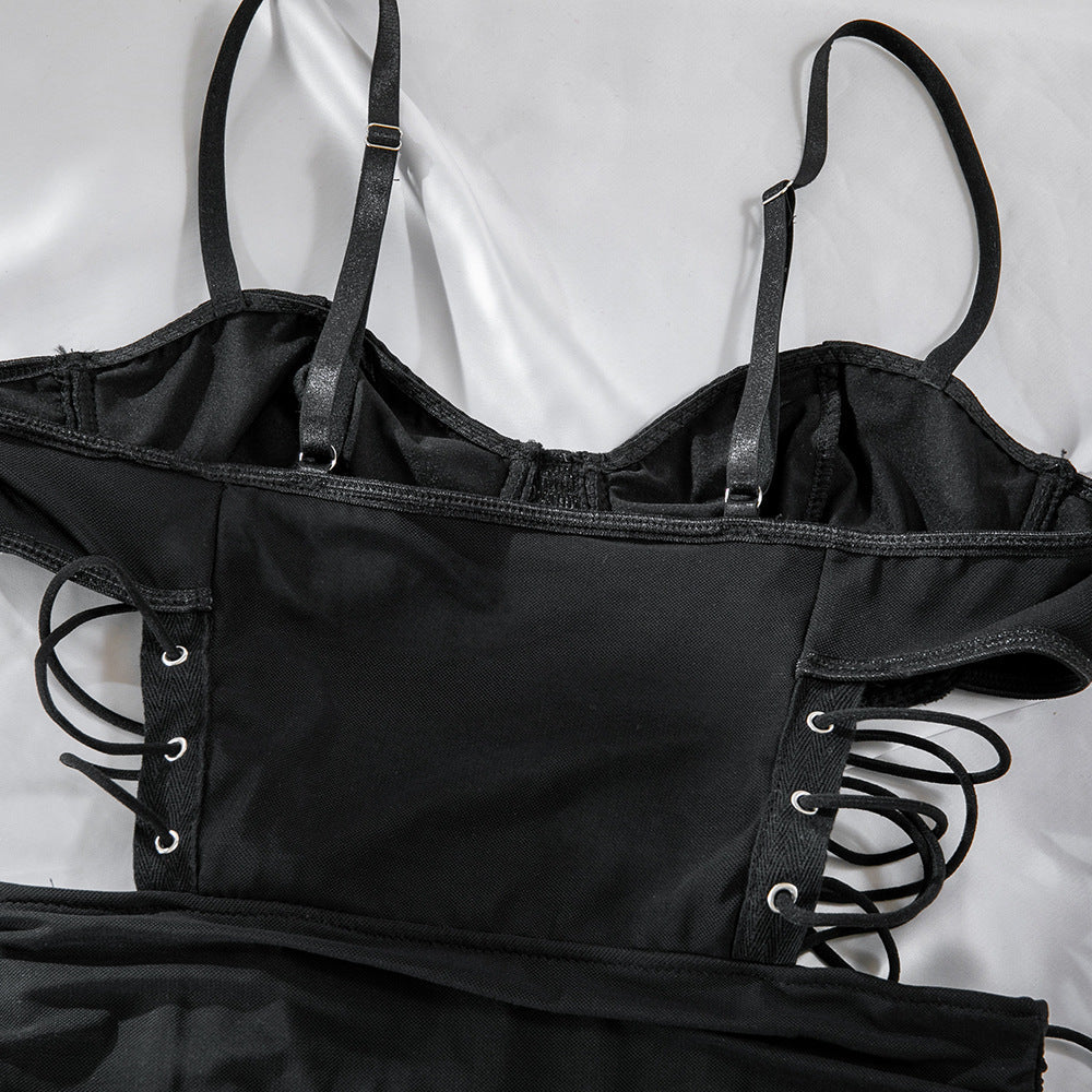 Sexy Underwire Gathered Drawstring Hollow Backpack Hip Herringbone Dress