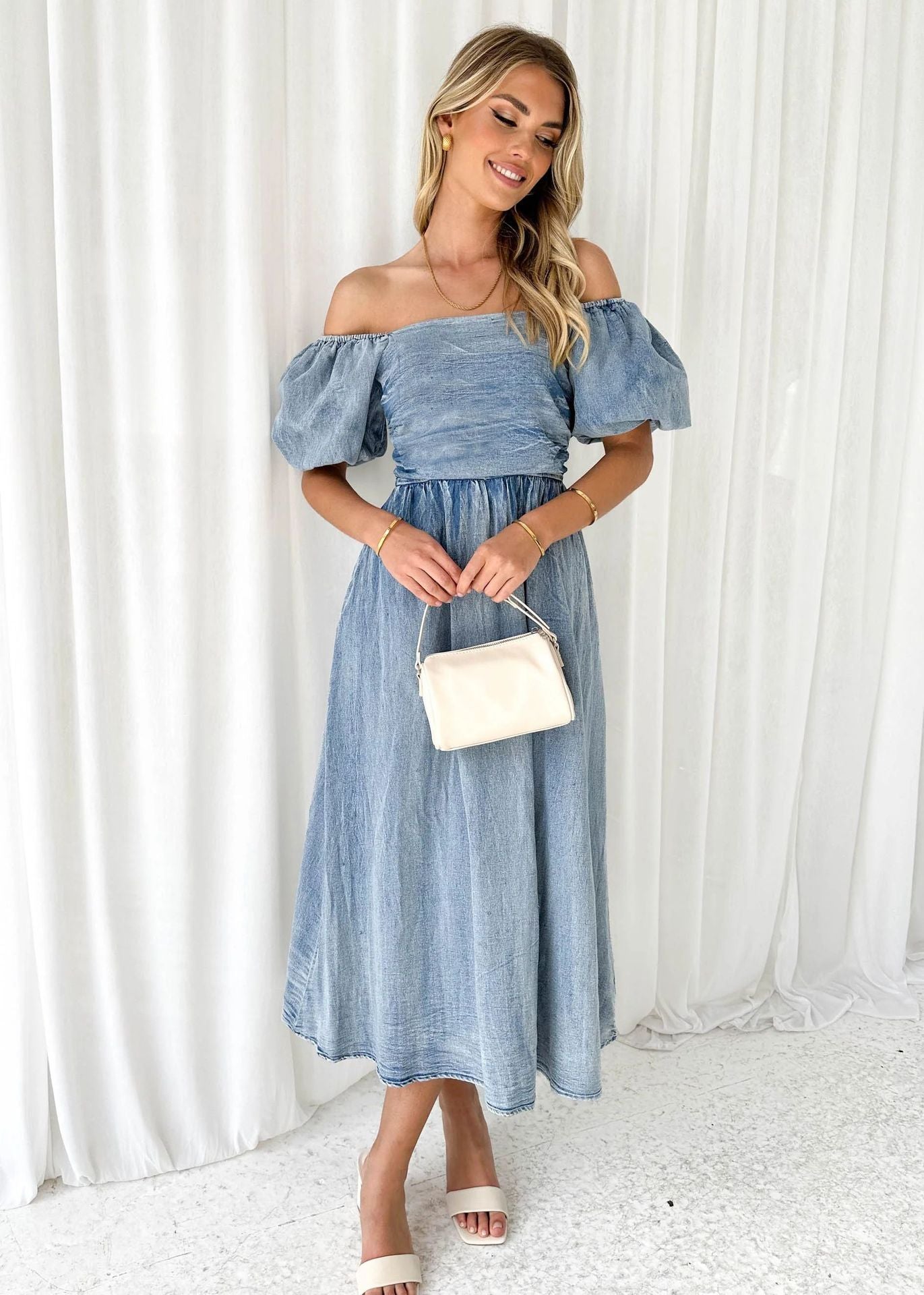 Elegant Puff Sleeve Waisted Long Denim Dress with Elastic Waist