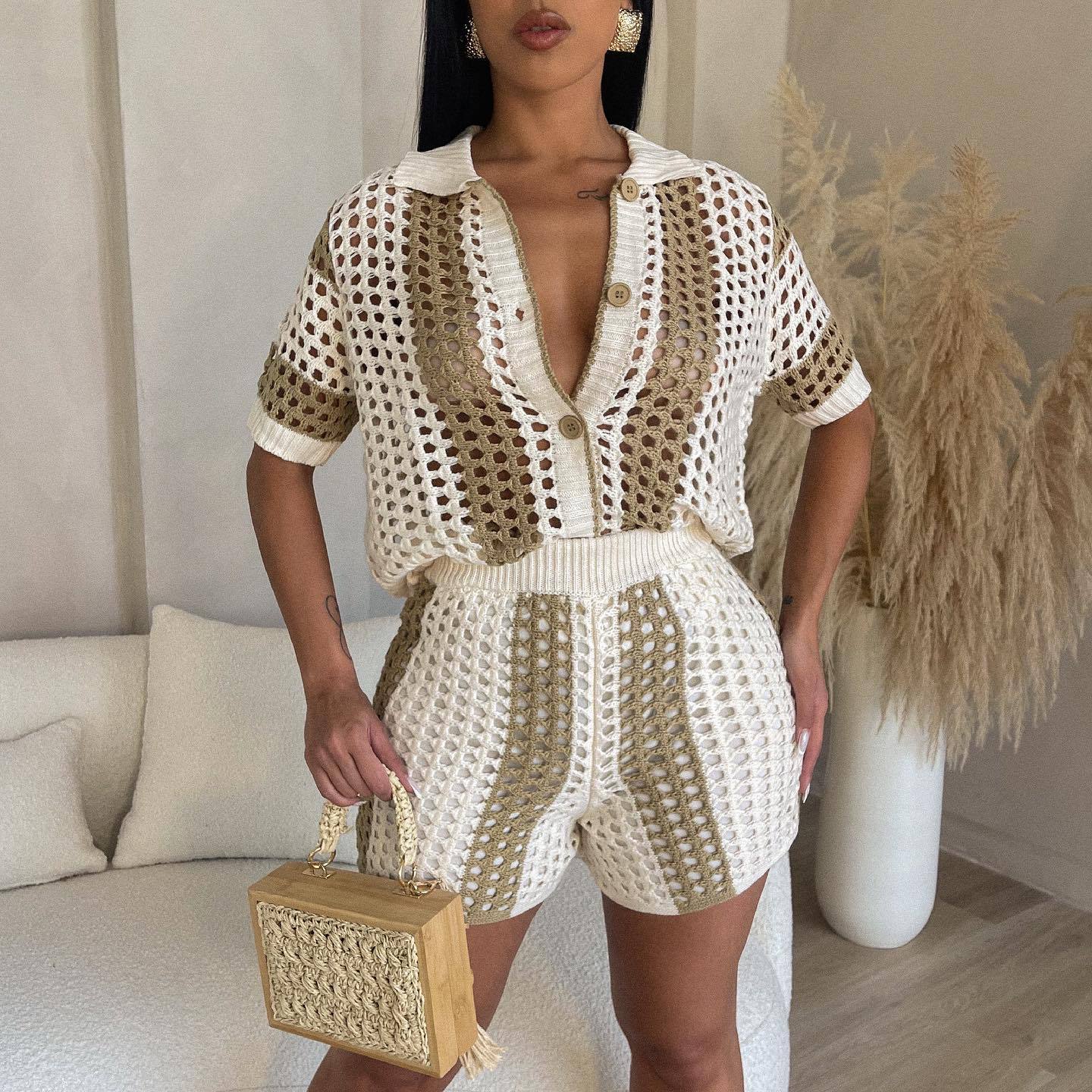 Hollow Transparent Contrast Lapel Knitted Shorts Set