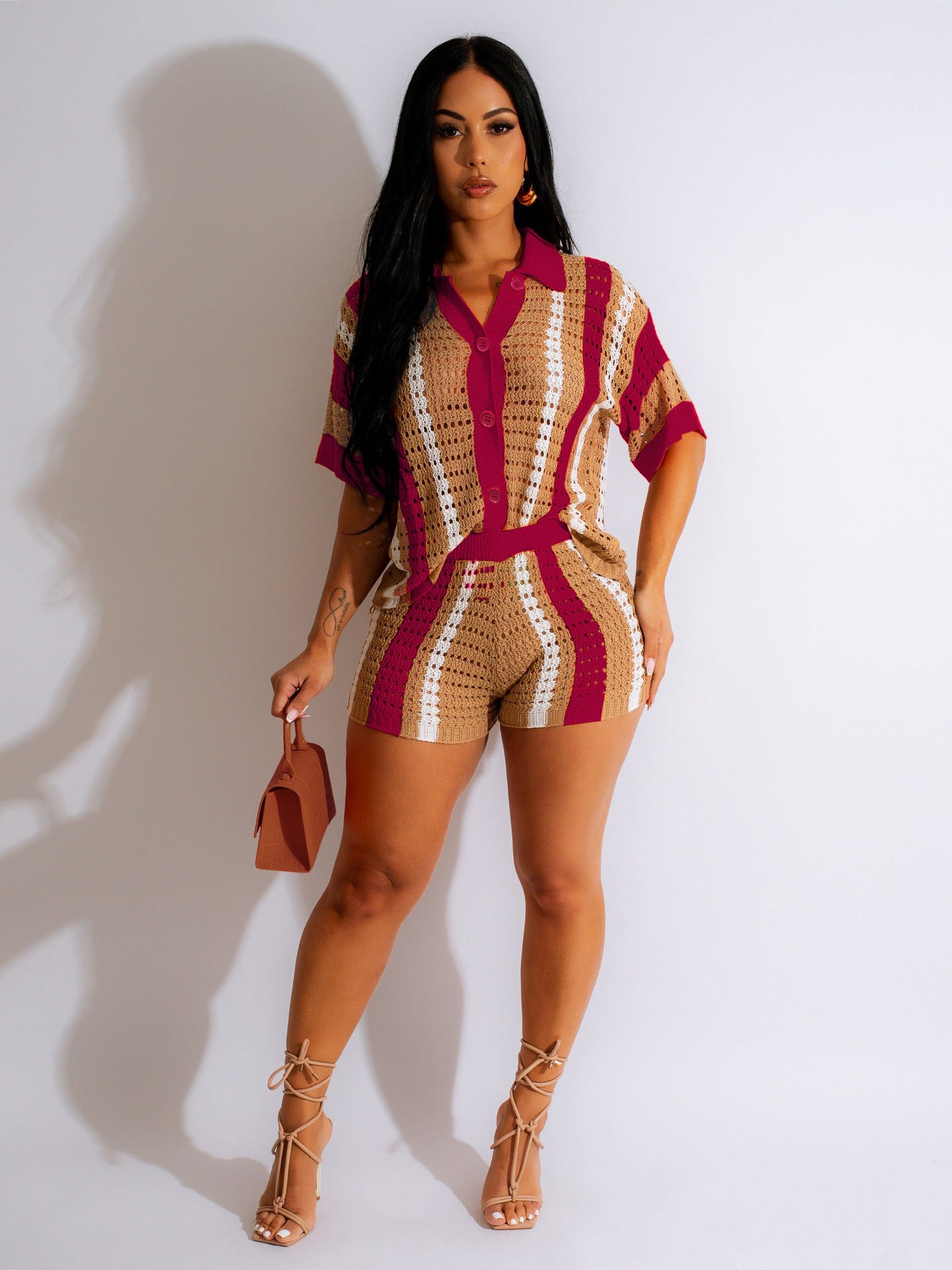 Hollow Transparent Contrast Lapel Knitted Shorts Set