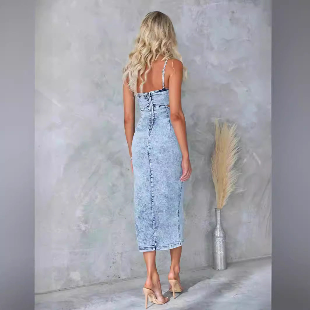 Fashionable Suspenders Distressed Sexy Denim Dress