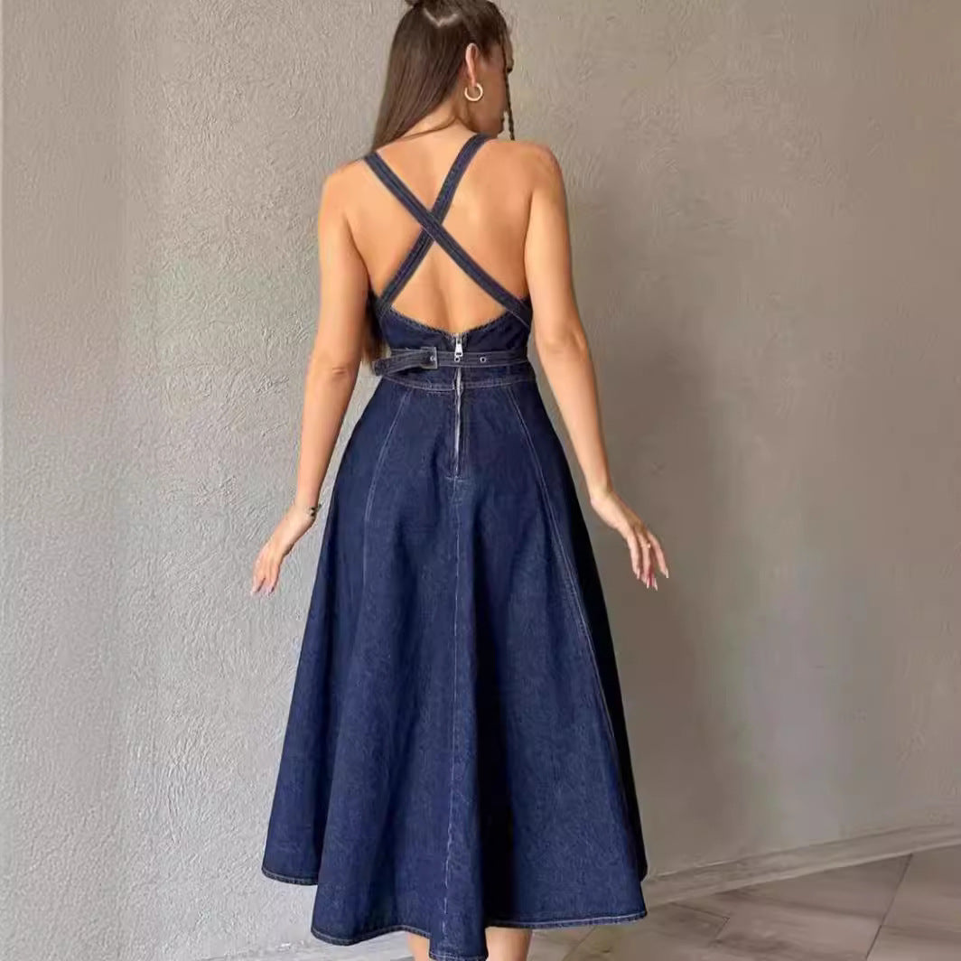 Elegant Solid Color Waist-length Denim Suspender Dress
