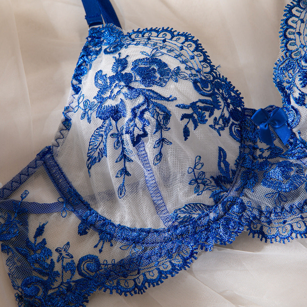 Lace Blue Embroidery See-through Sexy Waist Corset Bodysuit Set