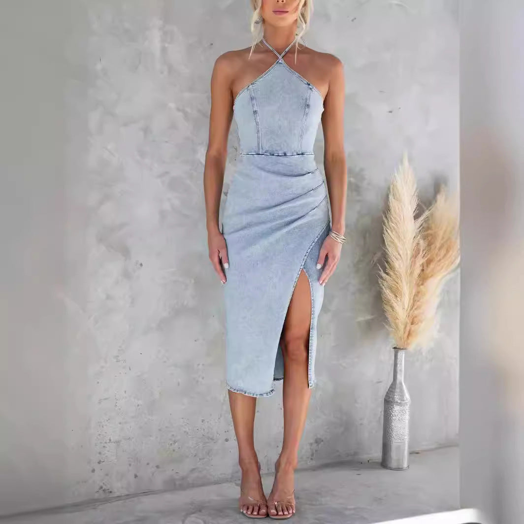 Fashionable Halterneck Distressed Sexy Denim Dress