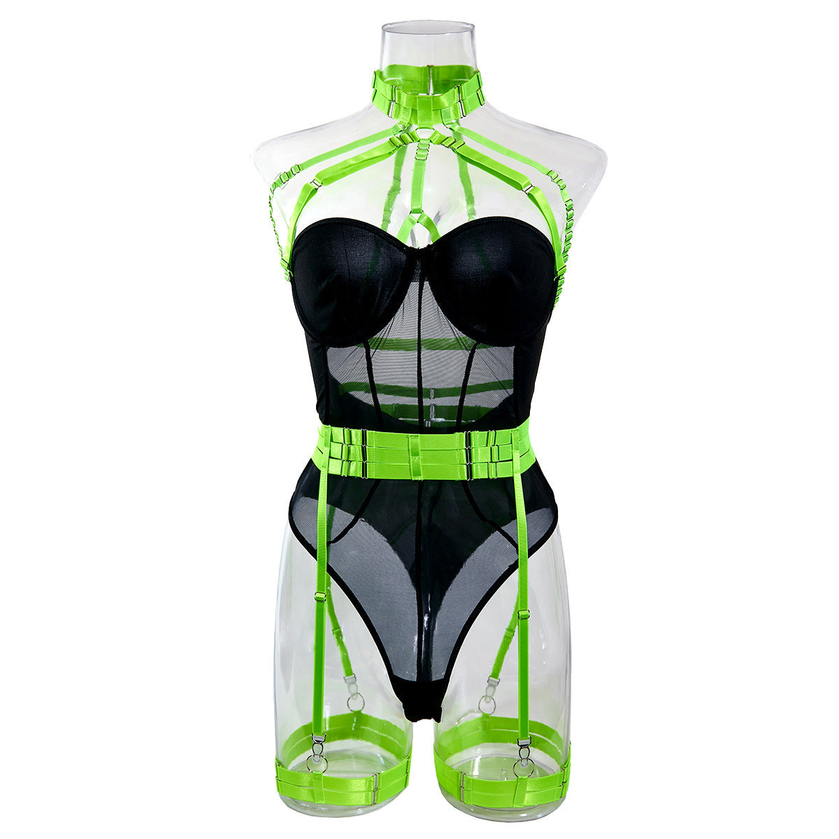 Sexy Fluorescent Green Scarf Strap Shawl Transparent Mesh Steel Ring Gathered Comfortable Jumpsuit