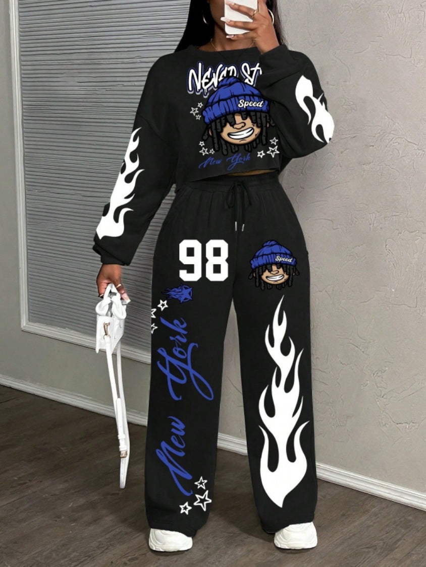 Casual Letter Print Crew Neck Sweatshirt and Pants Set