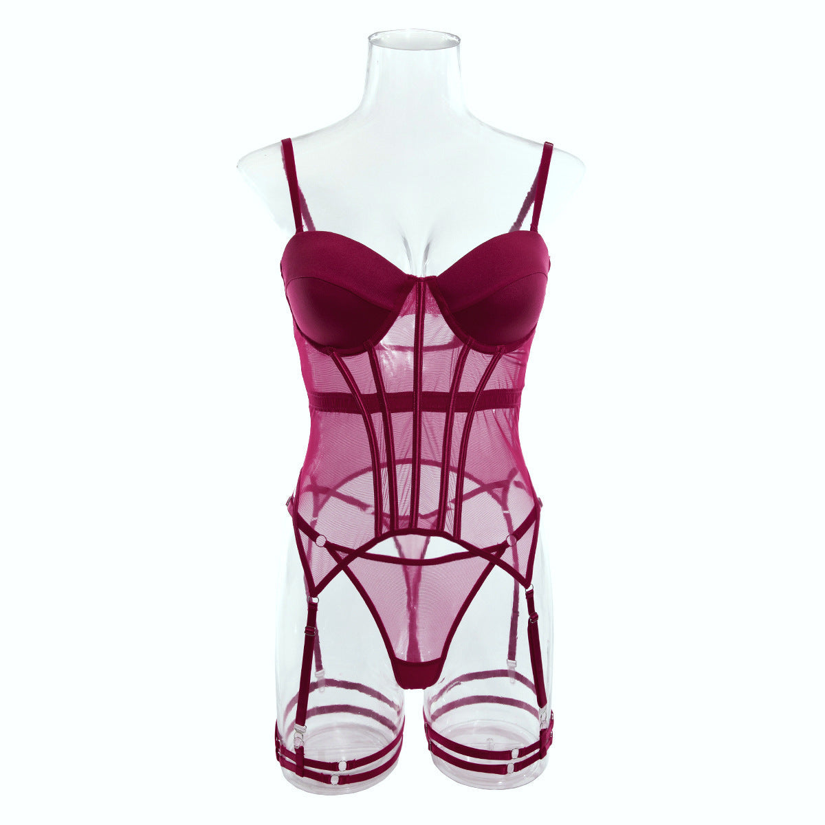 Sexy Gathered Split Leg Ring Mesh Bodysuit Three-piece Set