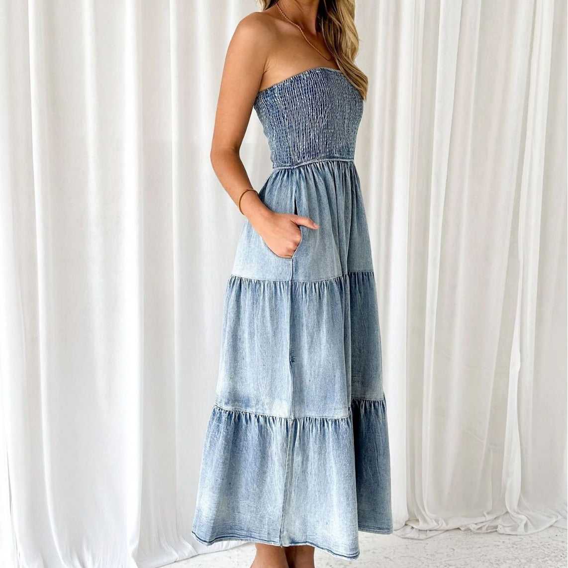 Temperament Elegant Hem Splicing Side Slit Tube Top Cake Denim Long Skirt