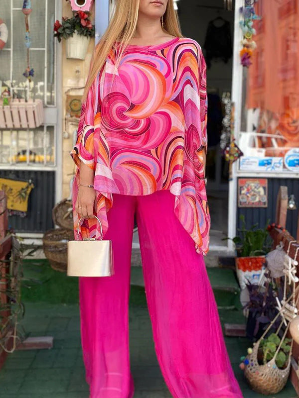 Casual Round Neck Colorful Printed Chiffon Suit