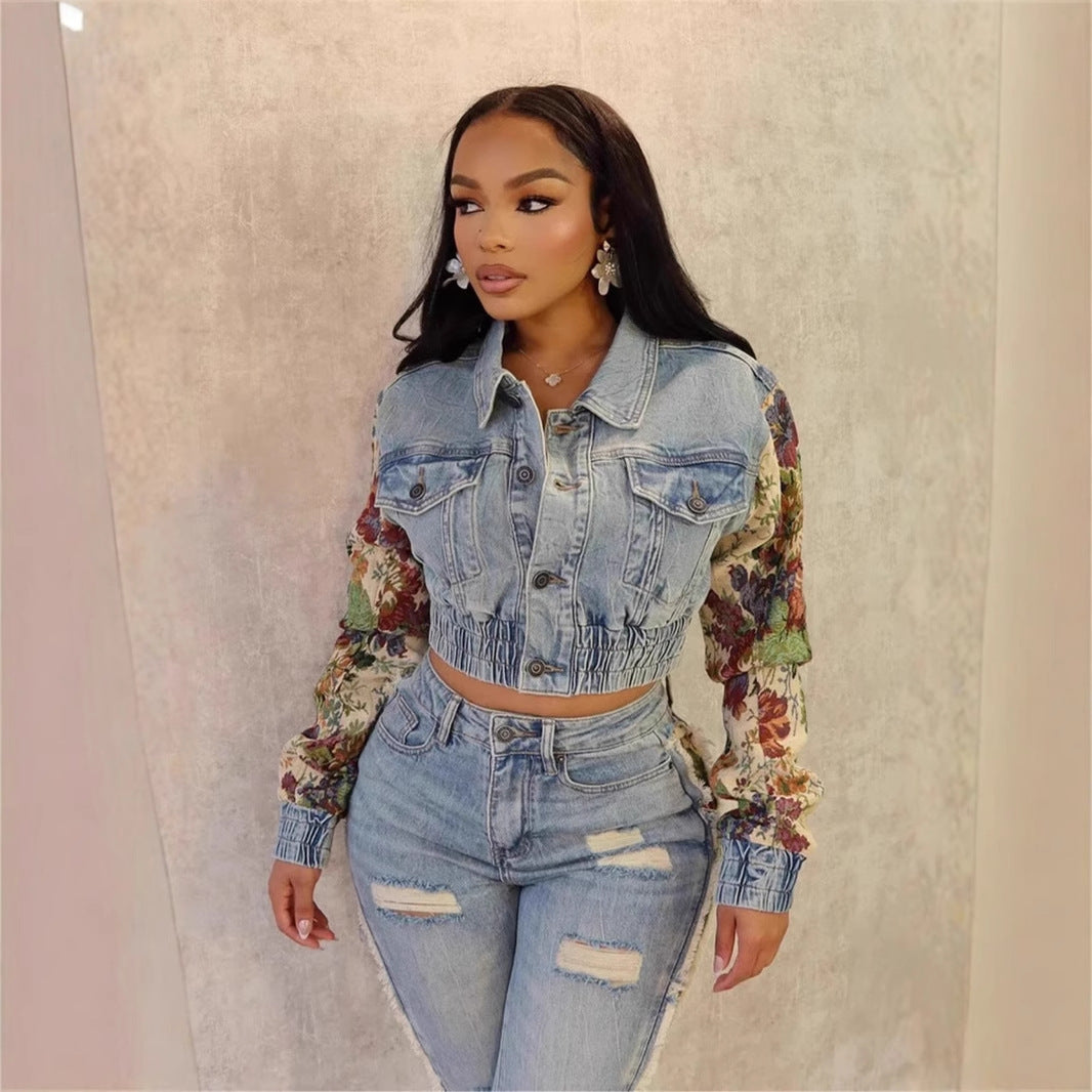 Fashion Printed Colorblock Denim Jacket Jeans Set