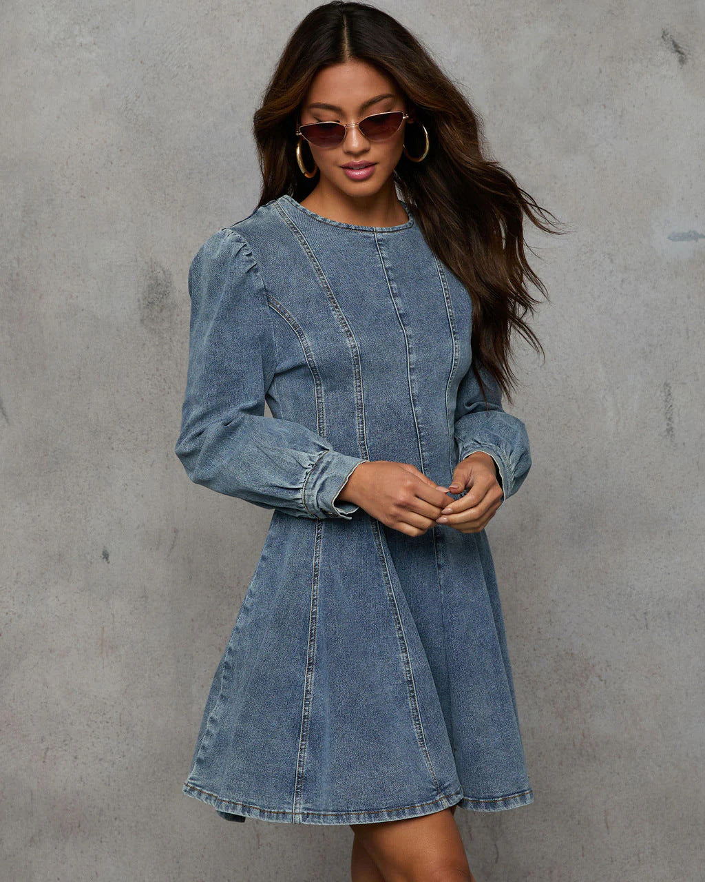 Fashion Casual Patchwork Waist Denim Long Sleeve Dress