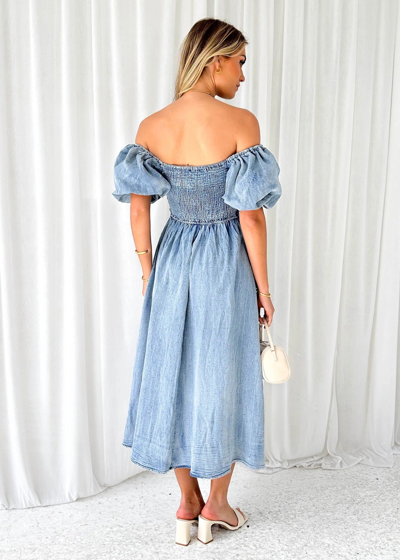 Elegant Puff Sleeve Waisted Long Denim Dress with Elastic Waist