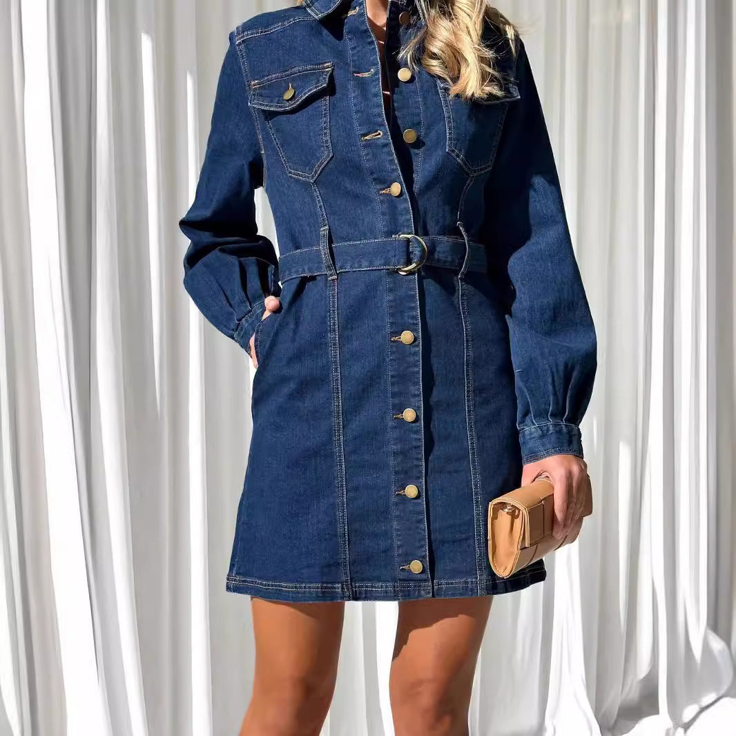 Fashionable and Casual Button-down Long-sleeved Denim Dress