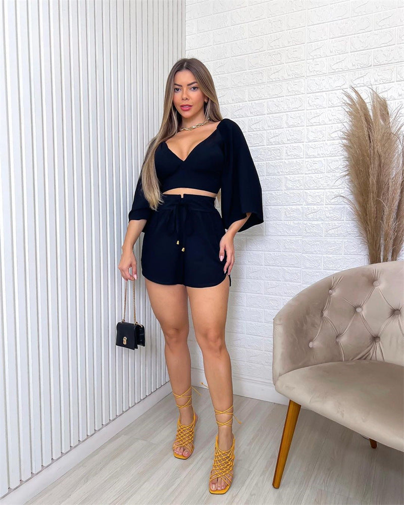 V-neck Halter-back Trumpet Sleeve Shirt High Waist Shorts Stylish Casual Suit