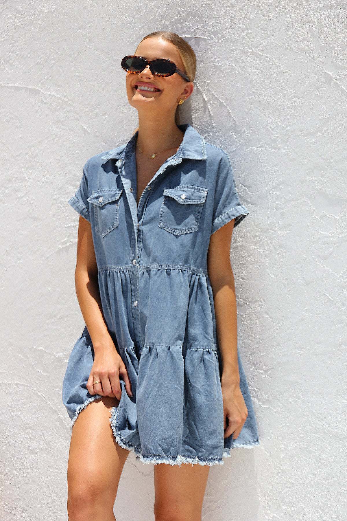 Short-sleeved Lapel Cardigan Casual Denim Dress