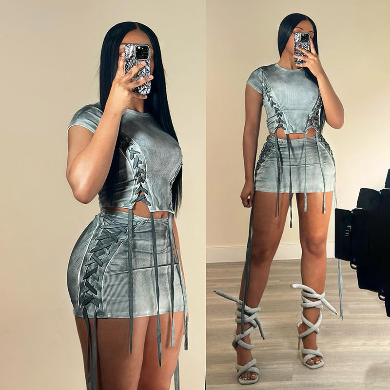 Fashion Casual Drawstring Pleated Gradient Color High Waist Slim Short Skirt Suit