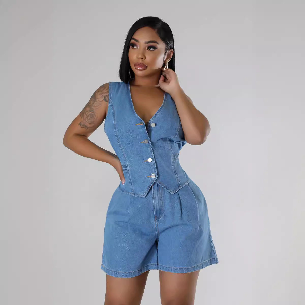 Fashion Casual Sleeveless High Waist Denim Shorts Set