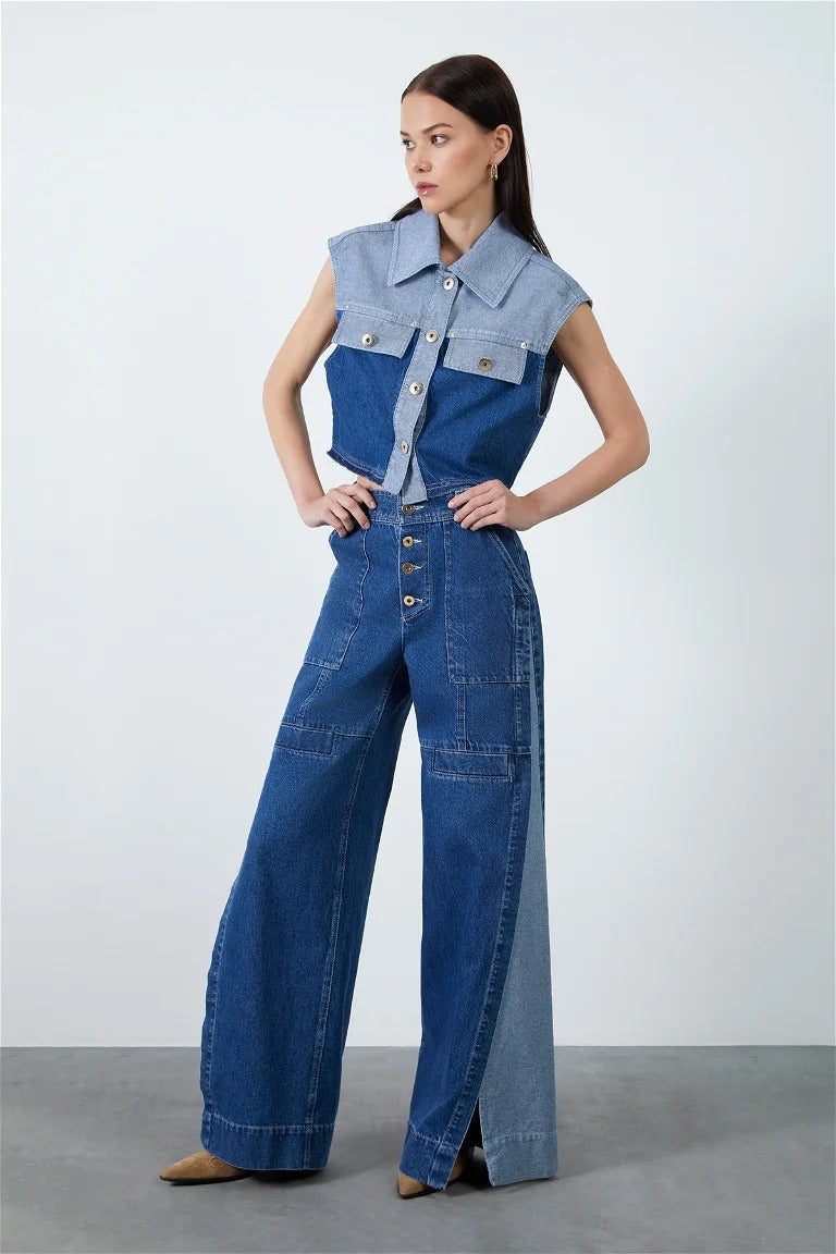 Retro Loose Short Lapel Single-breasted Denim Vest + Jeans