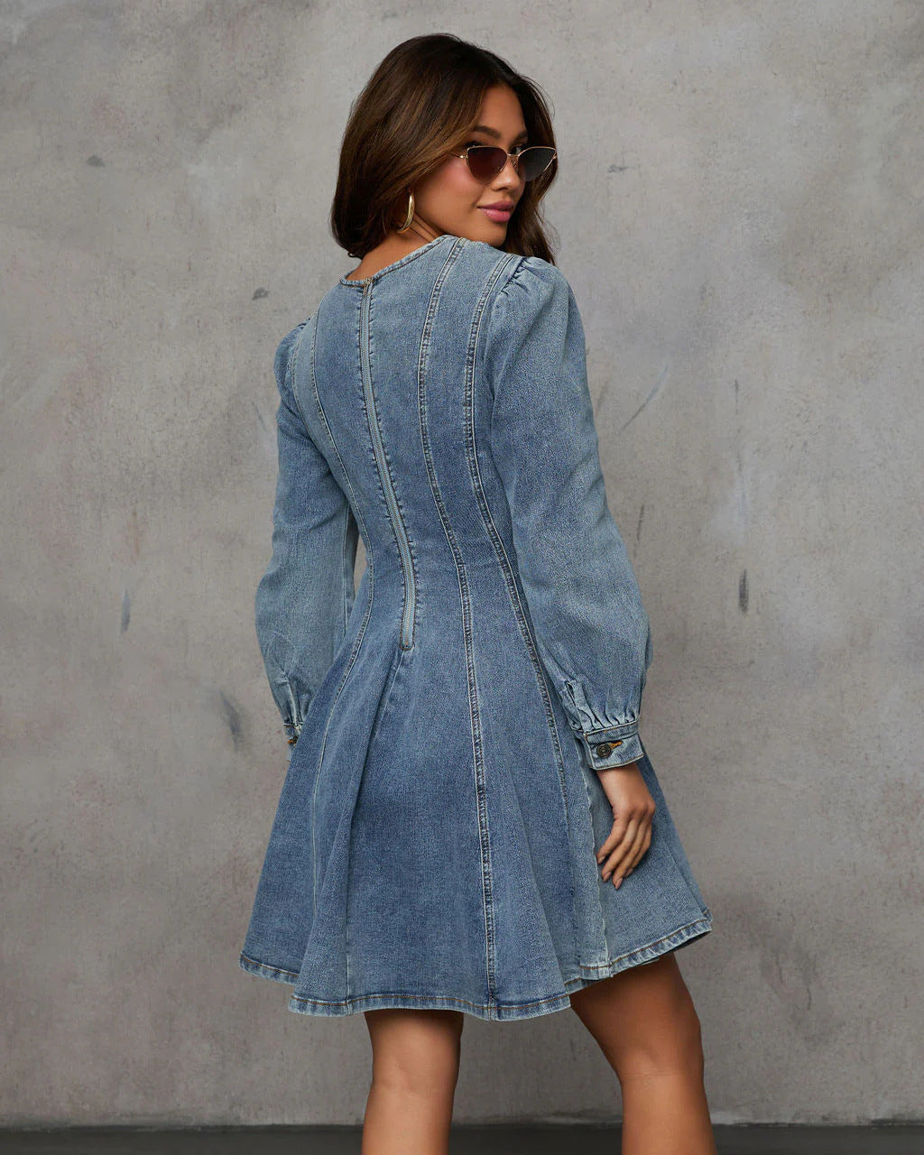 Fashion Casual Patchwork Waist Denim Long Sleeve Dress