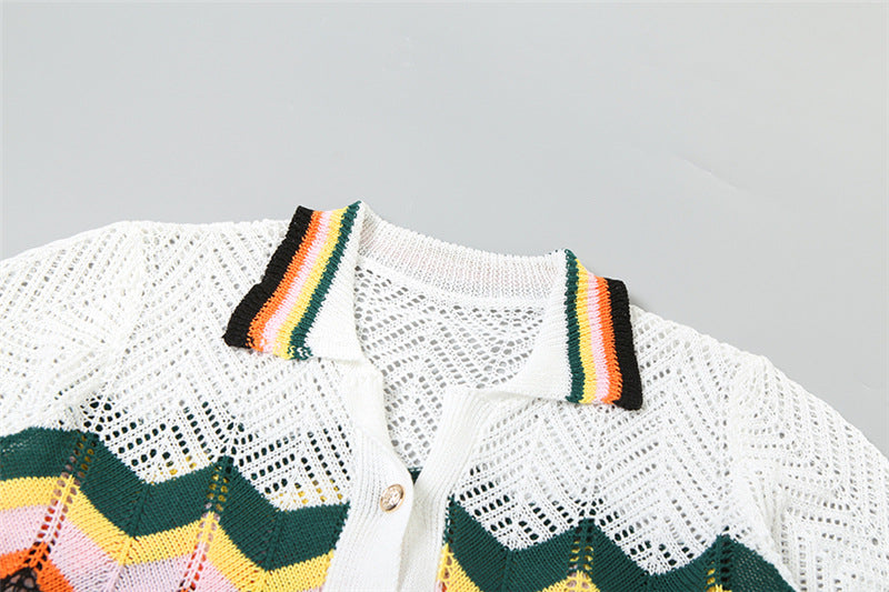 Knitted Hollow Lapel Cardigan High Waist Shorts Casual Suit