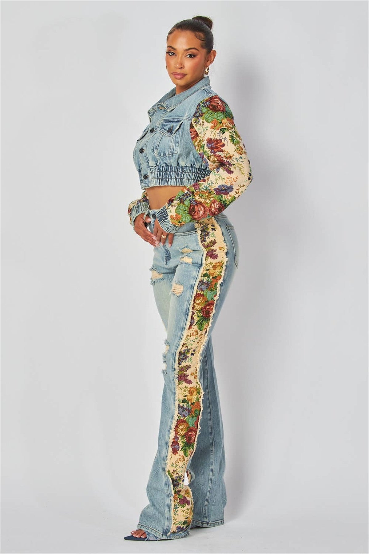 Fashion Printed Colorblock Denim Jacket Jeans Set