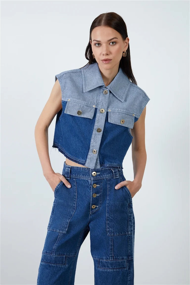 Retro Loose Short Lapel Single-breasted Denim Vest + Jeans