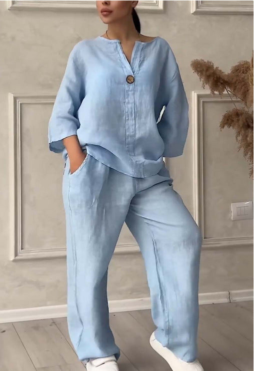 Fashionable Pure Color Cotton Linen Leisure Pants Set