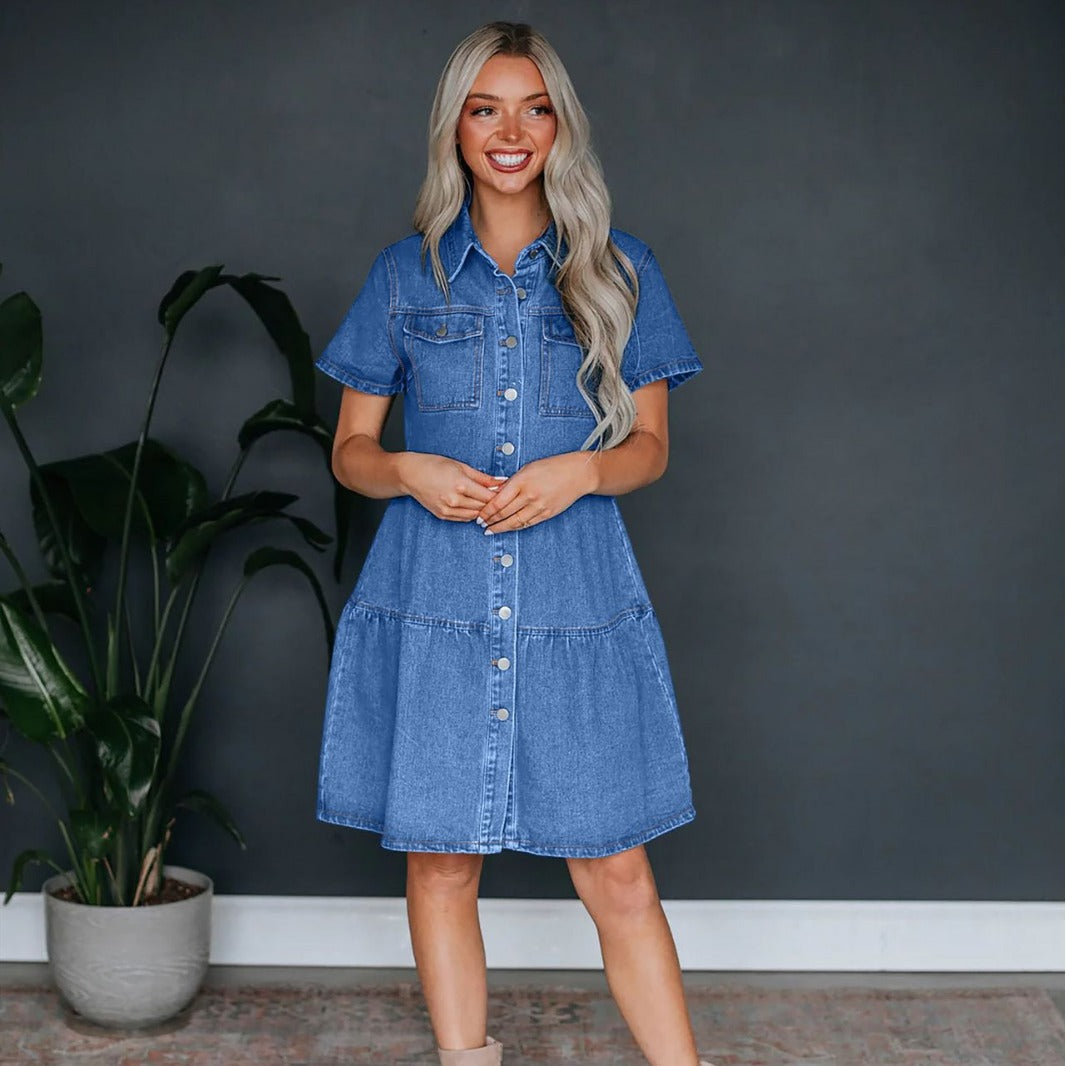 Short-sleeved Lapel Button-down Casual Denim Dress