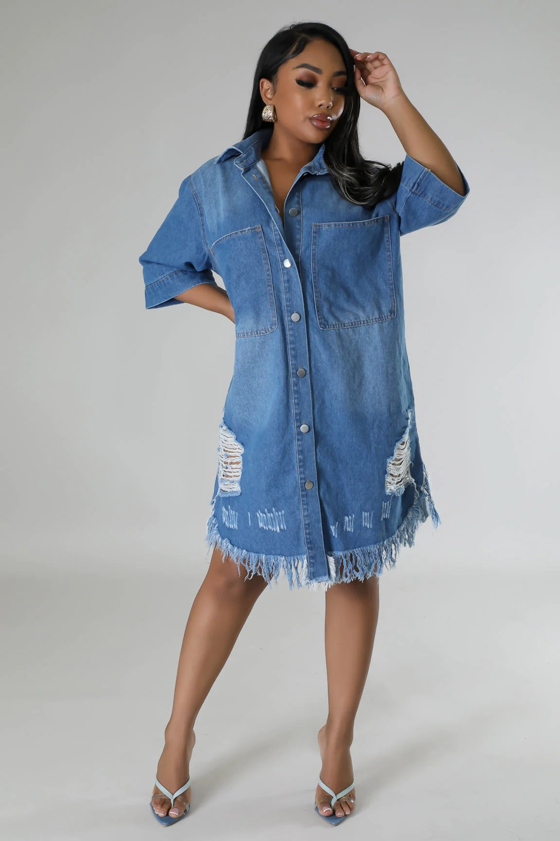 Loose Lapel Short Sleeve Ripped Washed Denim Dress