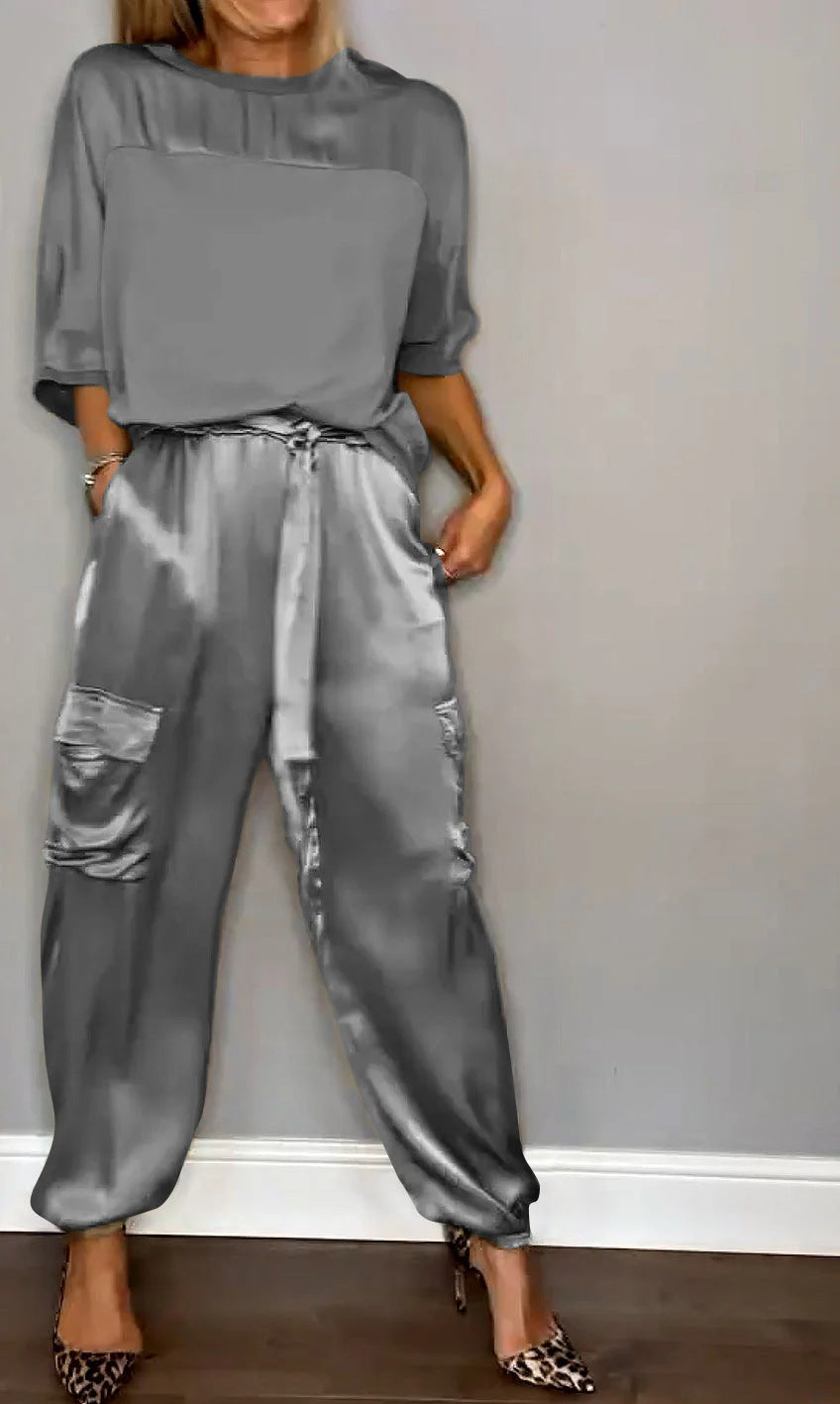 Fashionable Mercerized Satin Short Sleeve Top and Pants Set