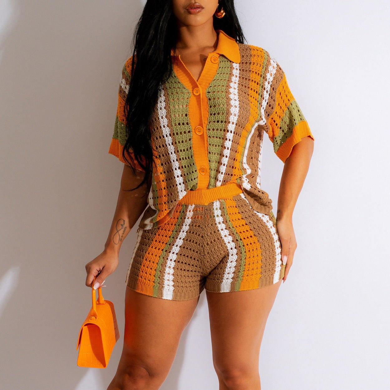 Hollow Transparent Contrast Lapel Knitted Shorts Set